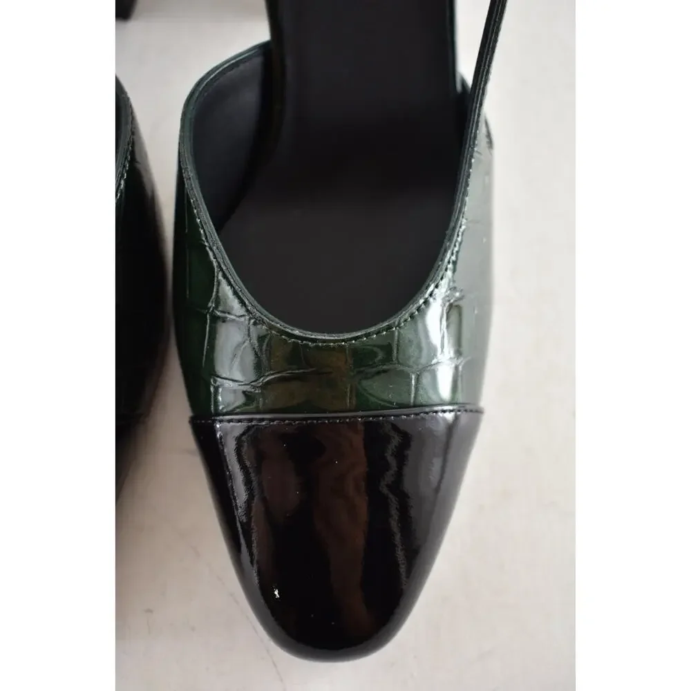 Chanel 26A Green Black Crocodile Croc Coco Sling Slingback Block Heel Pump 39.5c